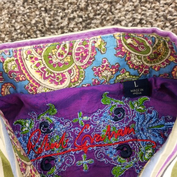 Robert Graham Shirt Paisley Flip Cuff Striped Silk Trim L/S Button Up Mens Large - Picture 5 of 11